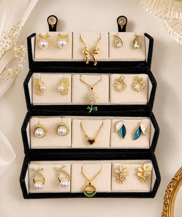 KIVVA Oxidized Designer Stud Earrings Set of 12 with Folding Jewelry Box | Traditional & Modern Earring Set for Women & Girls
