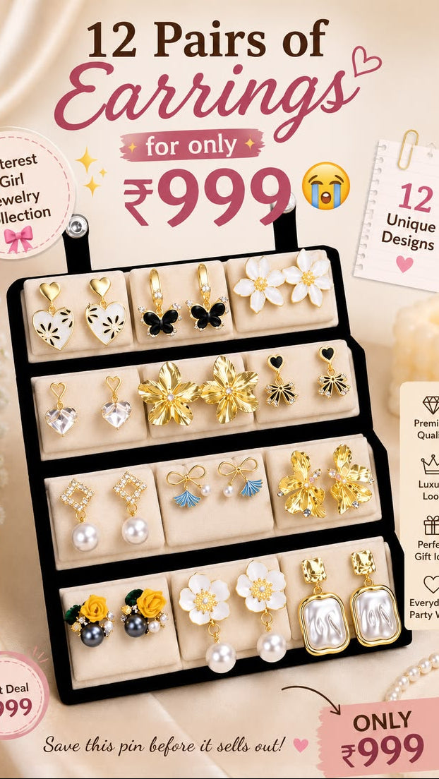 KIVVA Oxidized Designer Stud Earrings Set of 12 with Folding Jewelry Box | Traditional & Modern Earring Set for Women & Girls