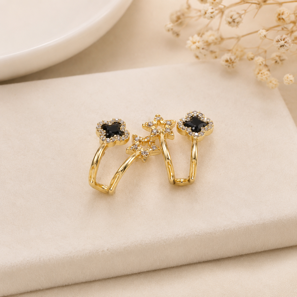 Elegant Black Clover & Star Gold Earrings | Premium Statement Earrings