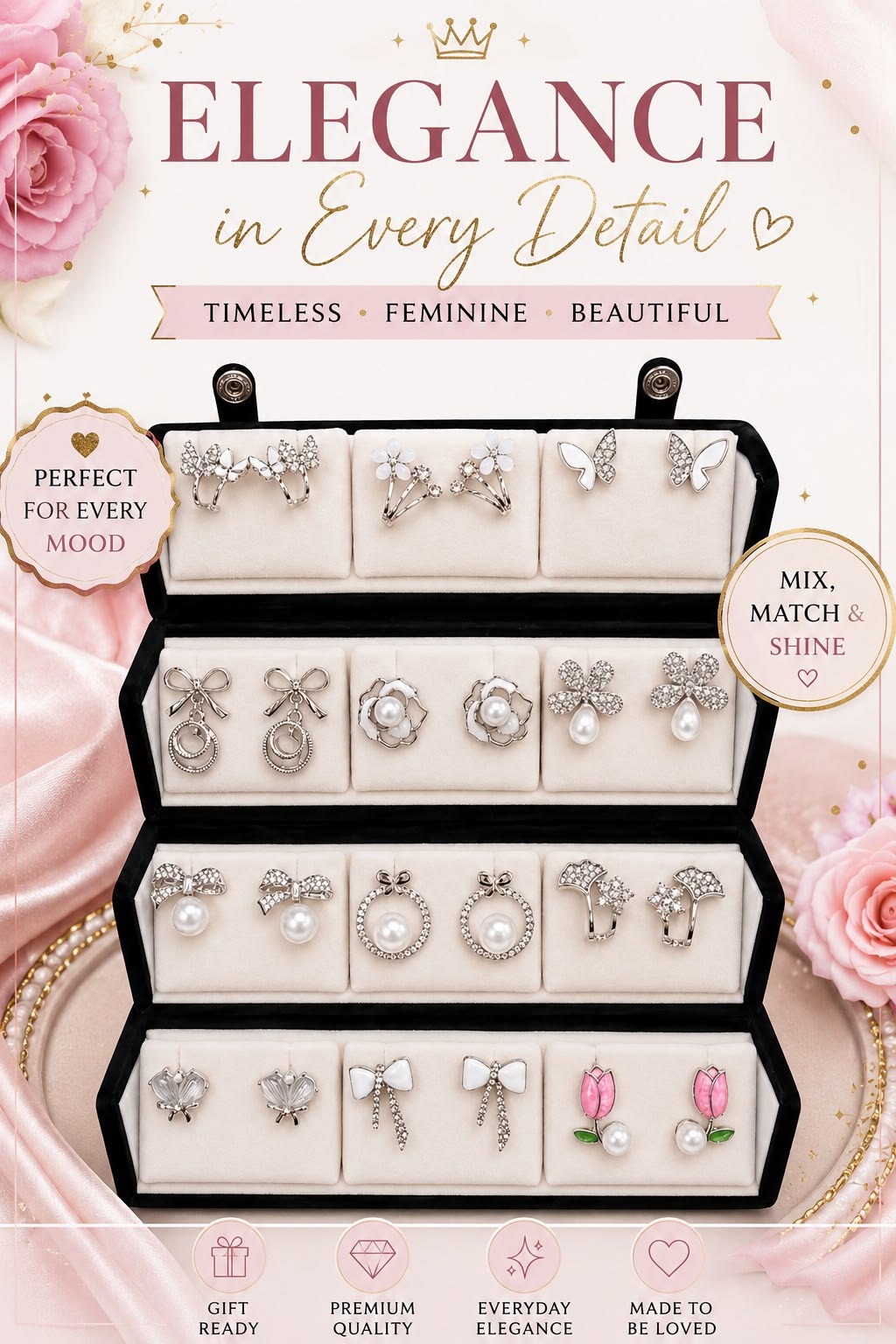 KIVVA Oxidized Designer Stud Earrings Set of 12 with Folding Jewelry Box | Traditional & Modern Earring Set for Women & Girls